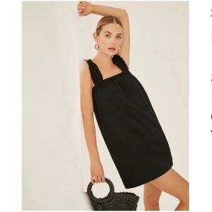 Something Navy Black Square Neck Shirred Ruffled Sleeve Textured Mini Dress